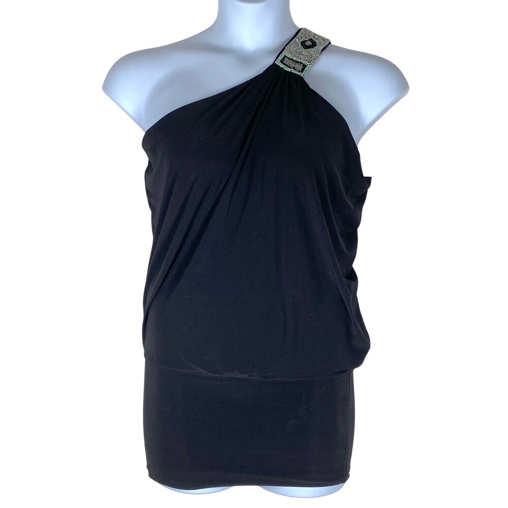 Beaded One Shoulder Tunic Top Womens S Black Y2K Clubwear Going Out Art Deco